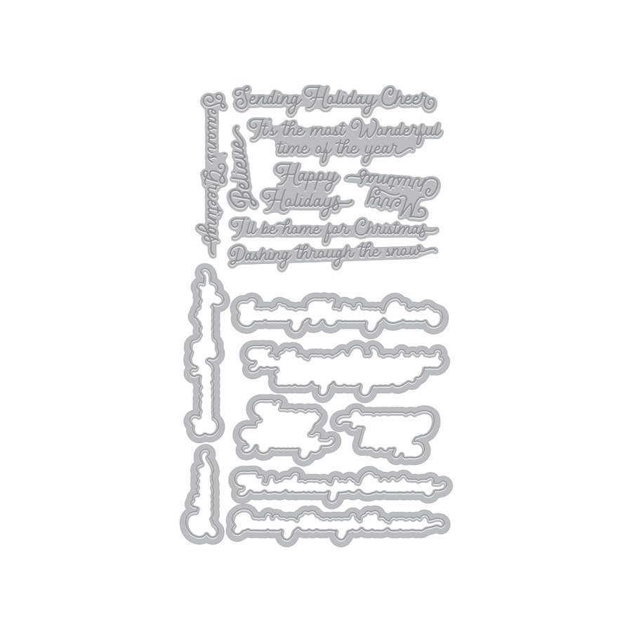 A set of silver metal die-cut craft stamps with various Christmas-themed phrases and decorative borders, displayed on a clean white background. Hero Arts - Winter Words Letterpress + Foil & Cut