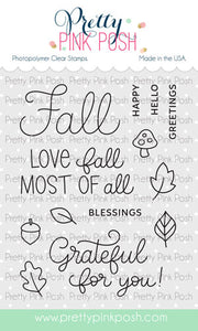 Pretty Pink Posh photopolymer clear stamps sheet featuring autumn-themed phrases like 'Fall', 'LOVE fall MOST OF all', and 'Grateful for you!' along with icons of a mushroom, acorn, and leaves on a white background with brand text at the top and bottom. Pretty Pink Posh Happy Fall Stamp Set