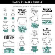 A digital preview sheet for a 'Happy Phrases Bundle' by Concord & 9th, featuring multiple clear stamp and die shapes with various positive phrases in black and teal text on a white background.