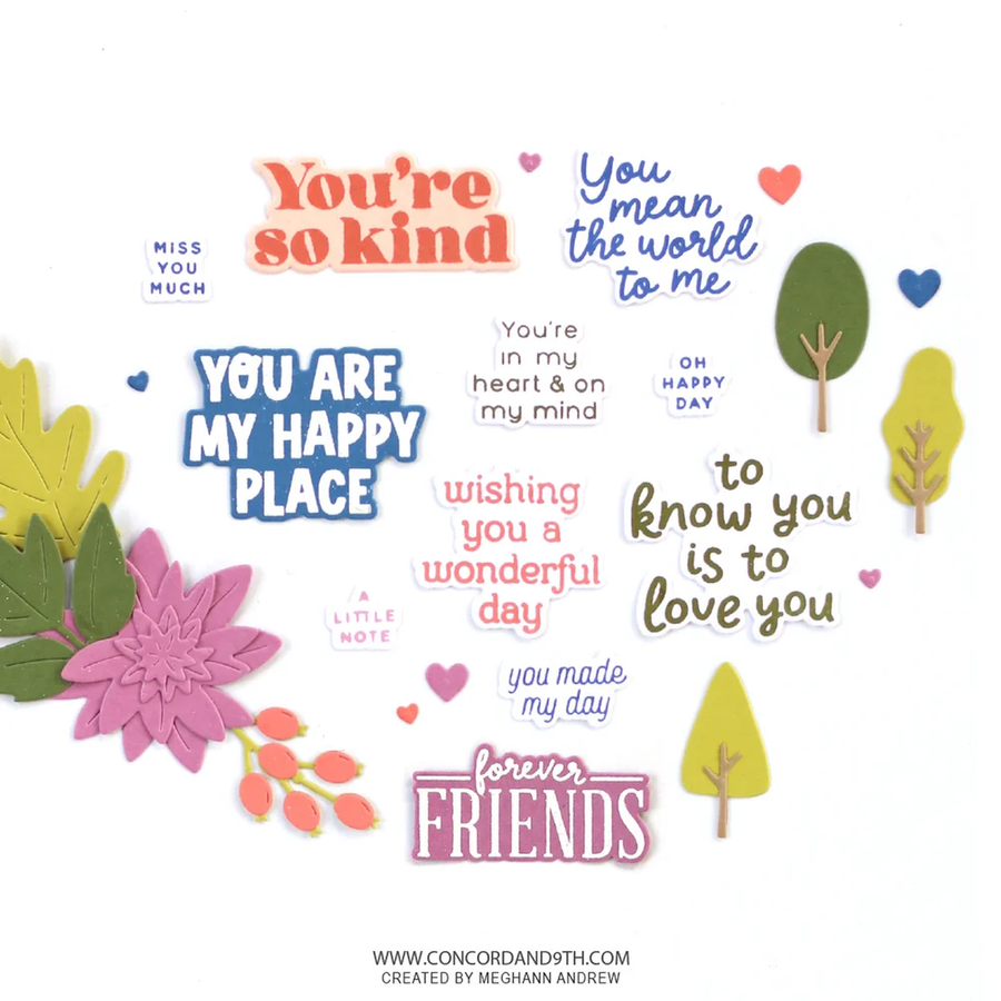 A collection of colorful die-cut paper phrases and decorative elements on a white background, including 'You're so kind', 'You are my happy place', 'forever FRIENDS', leaves, flowers, and trees in pink, blue, green, yellow, and brown tones. The brand Concord and 9th is visible at the bottom.