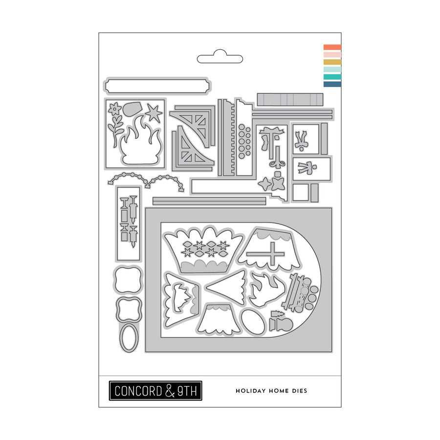Concord & 9th 'Holiday Home Dies' paper crafting die set in its retail packaging, featuring multiple gray metal dies for creating Christmas-themed shapes and patterns.