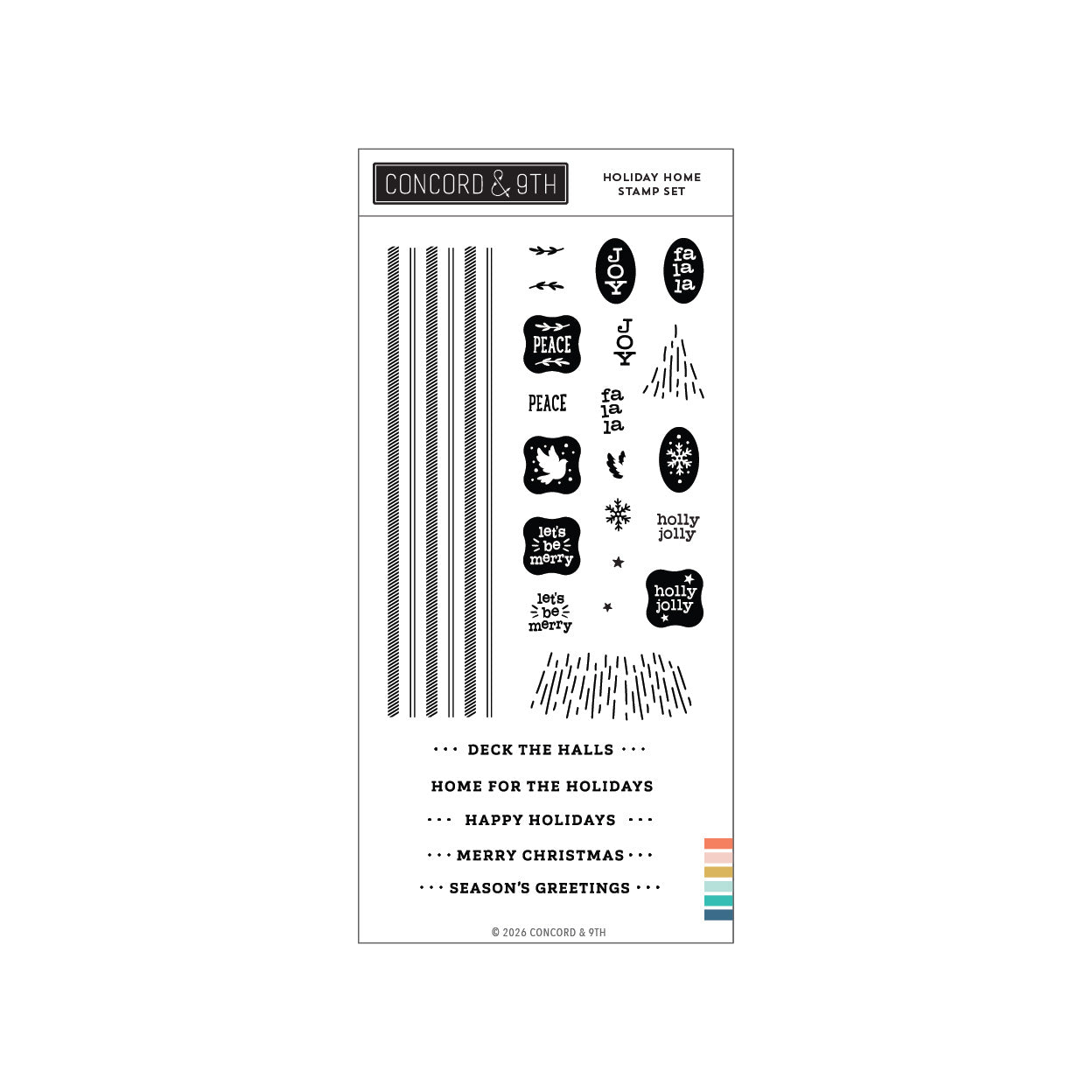 Concord & 9th Holiday Home Stamp Set sheet featuring various black holiday-themed stamps and decorative text elements on a white background, with a small color palette strip on the bottom right.