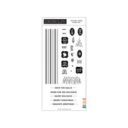 Concord & 9th Holiday Home Stamp Set sheet featuring various black holiday-themed stamps and decorative text elements on a white background, with a small color palette strip on the bottom right.