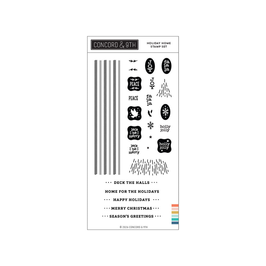 Concord & 9th Holiday Home Stamp Set sheet featuring various black holiday-themed stamps and decorative text elements on a white background, with a small color palette strip on the bottom right.