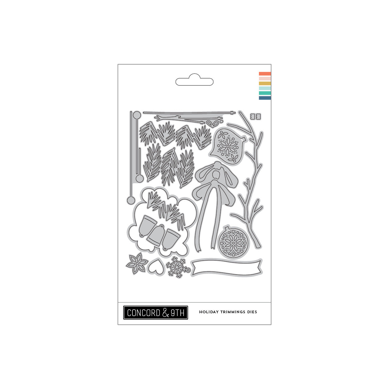 A packaged set of holiday tree twigs die-cut stickers or decals on a white backing card. The card shows multiple outlined twig motifs including pine branches, acorns, a bird, a hanging ornament, and a blank banner.