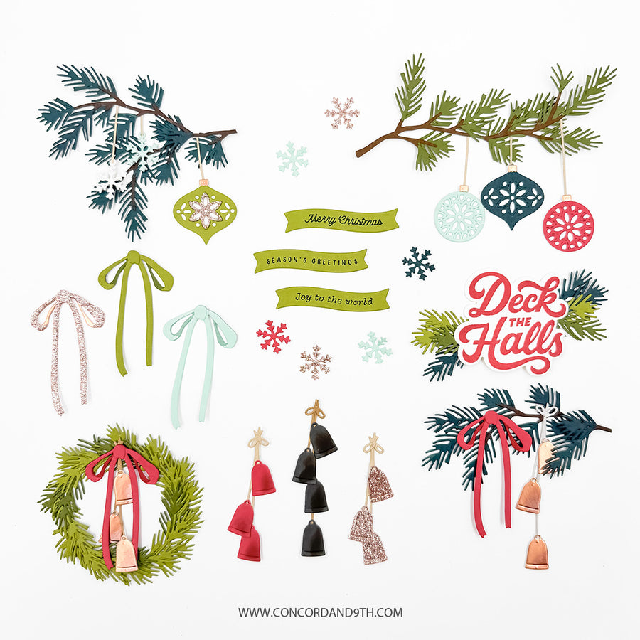 A collection of Christmas-themed elements including pine branches with ornaments, ribbons, snowflakes, hanging bells, a wreath, and decorative text reading 'Deck the Halls' and 'Merry Christmas Season's Greetings Joy to the world,' shown on a light gray background with the website Concordand9th.com at the bottom.