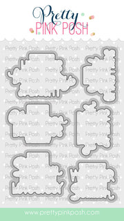 A set of metal dies arranged on a white background with a repeating 'Pretty Pink Posh' watermark. The dies have irregular, whimsical shapes in silver metal. Pretty Pink Posh Inside Sentiments: Christmas Coordinating Dies