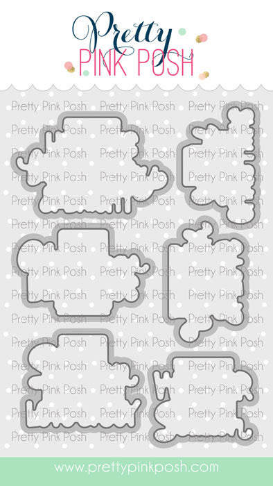 A set of metal dies arranged on a white background with a repeating 'Pretty Pink Posh' watermark. The dies have irregular, whimsical shapes in silver metal. Pretty Pink Posh Inside Sentiments: Christmas Coordinating Dies