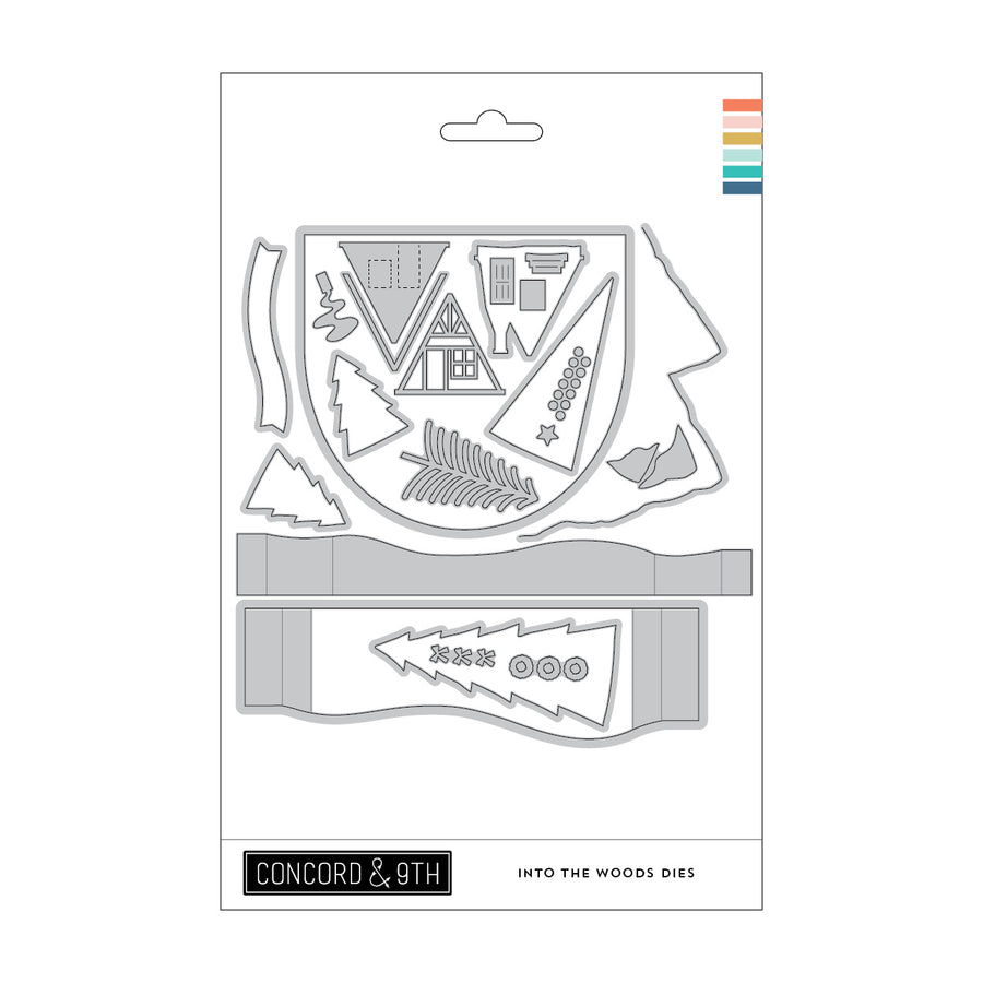 Concord & 9th 'Into the Woods Dies' card featuring a set of wooden cutting dies for crafting, displayed on a clean white background.