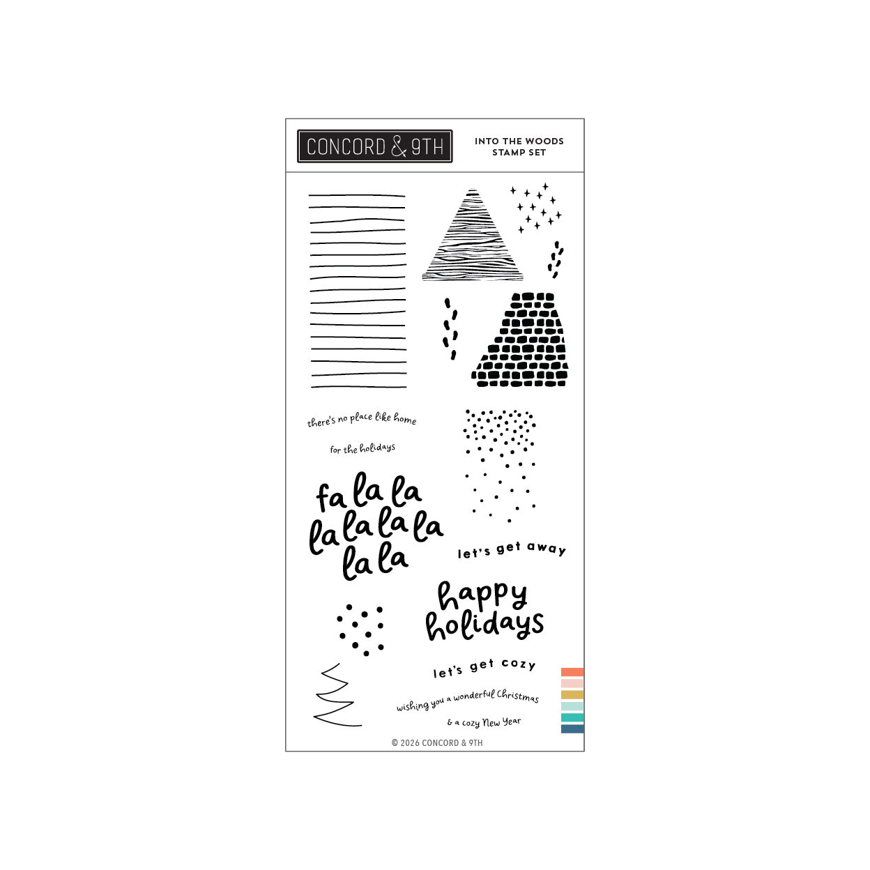 A clear stamp sheet from the Concord & 9th Into the Woods Stamp Set, featuring black hand-lettered holiday phrases, geometric line and dot patterns, and a small multicolor color strip on a white background.