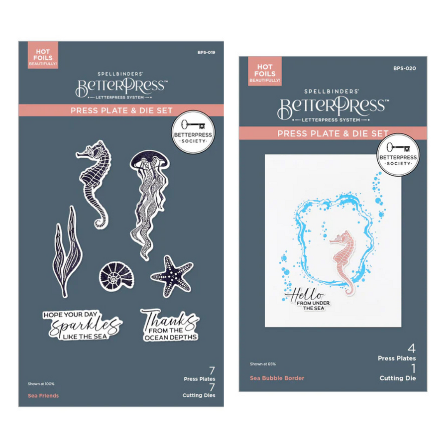 Spellbinders - BetterPress Society June 2025 (Sea Friends Press Plate & Dies Set & Add-on Sea Bubble Border Press Plate & Dies Set Bundle)