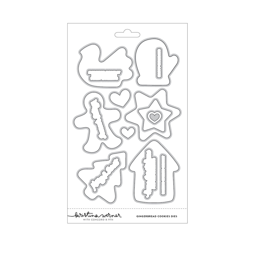 A sheet of metal cutting dies on a white backing card, featuring gingerbread cookie shapes and hearts. The brand name 'Kristina Werner' is visible at the bottom of the card.