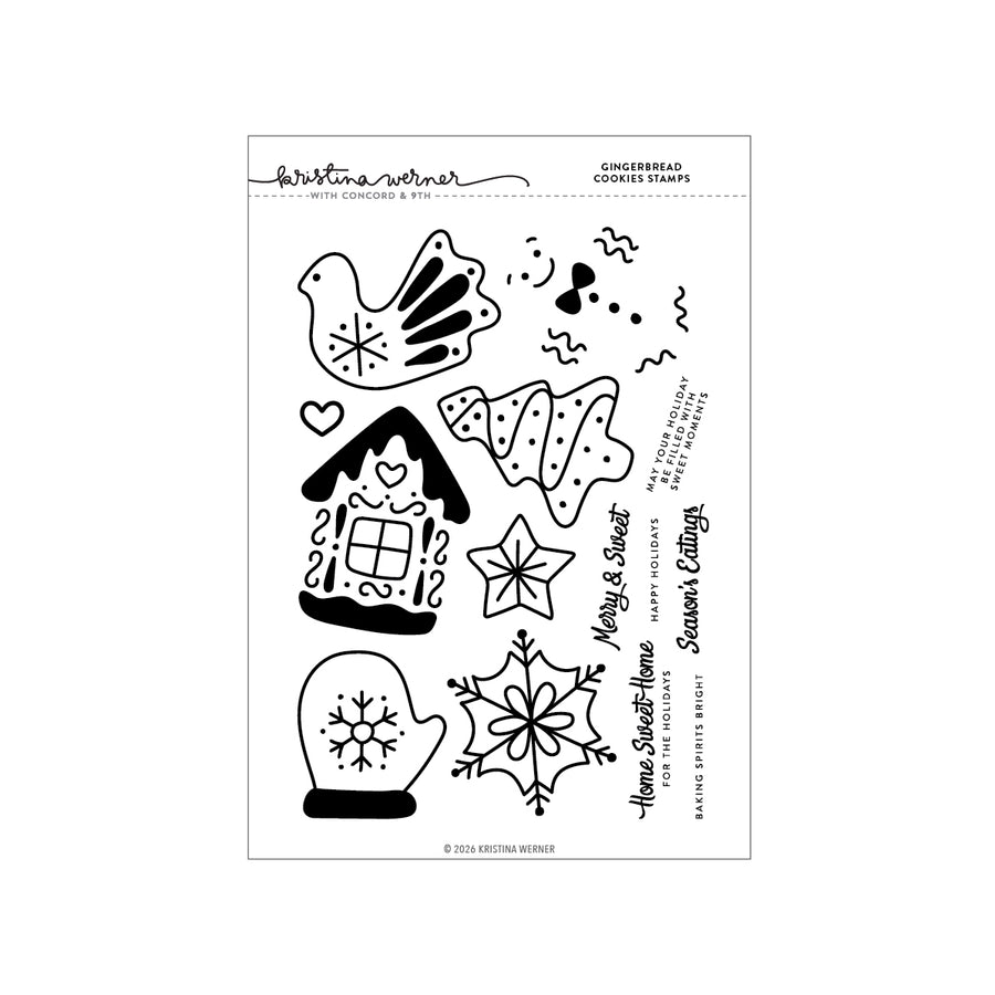 A clear stamp sheet featuring black holiday-themed cookie and winter illustrations, including a bird, gingerbread house, cookie, snowflake, mitten, star, and decorative text. The sheet is branded with 'Kristina Werner' and 'Christmas Cookies Stamps' at the top.