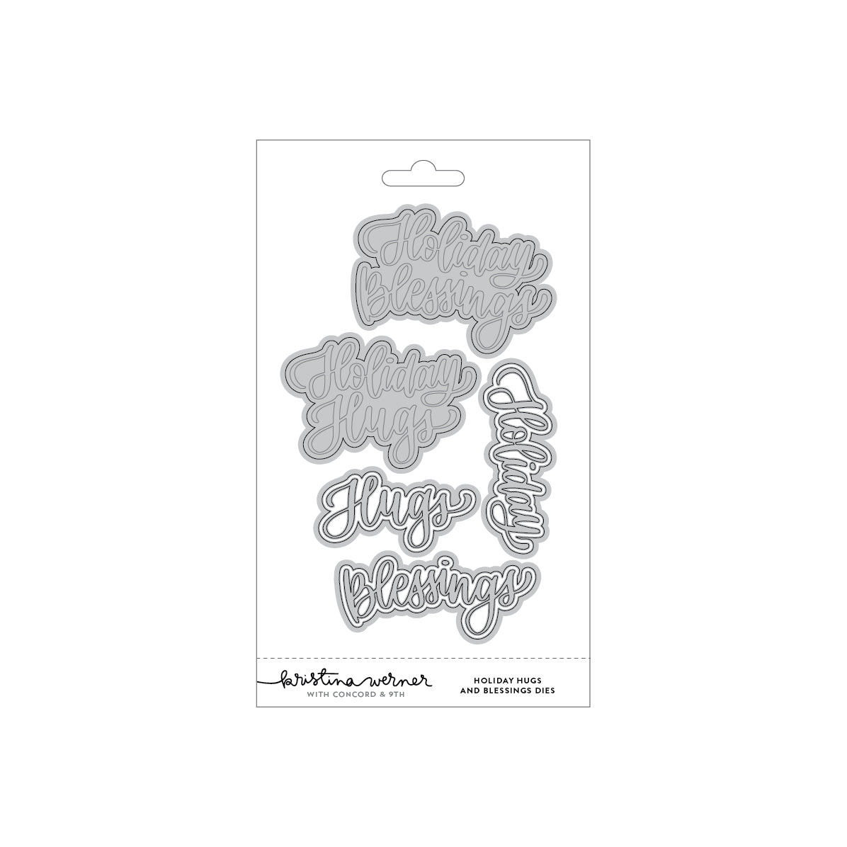 A packaged set of metal die-cut stickers featuring holiday greetings including 'Holiday Blessings,' 'Holiday Hugs,' 'Jugs Blessings,' and 'Jugs.' The product is shown on a plain white background with its retail backing card visible.
