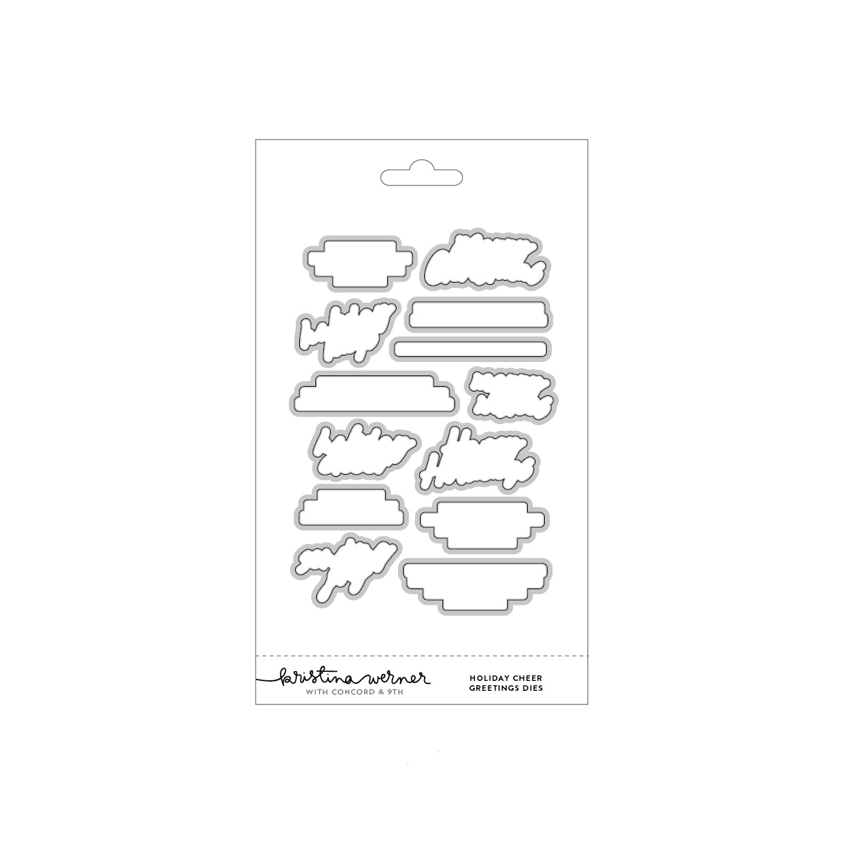 A package of holiday cheer greeting card dies by Kristina Werner, featuring multiple silver metal die-cut shapes on a white backing card.