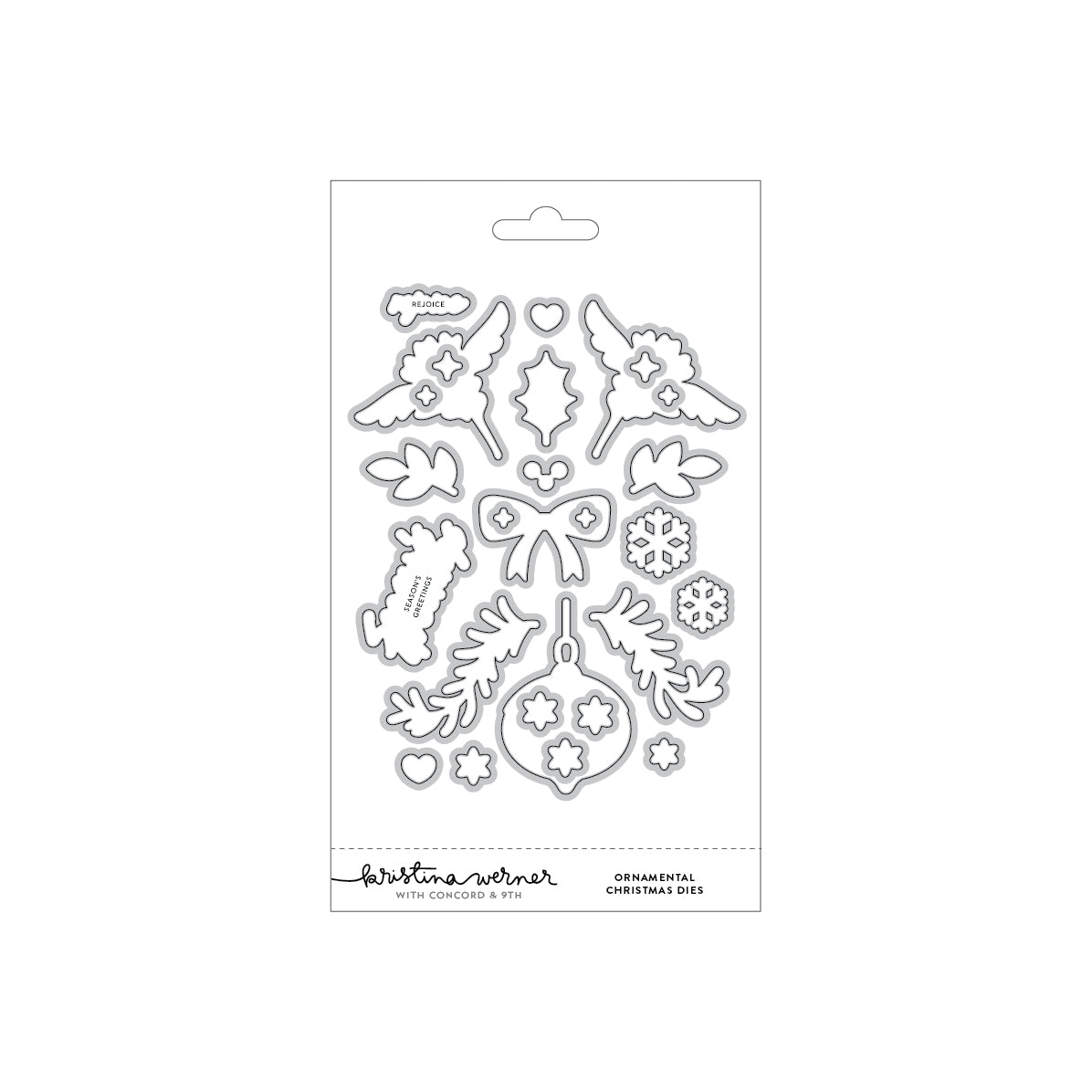 A packaged set of Christmas-themed metal cutting dies on a white backing card, featuring angel wings, ornaments, bows, leaves, snowflakes, and other festive shapes. The card shows the brand name 'Kristina Werner' and the text 'Ornamental Christmas Dies'.