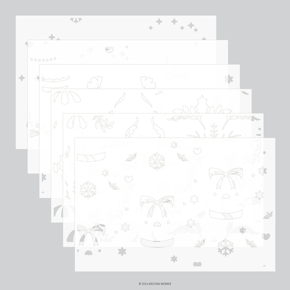 Six overlapping white sheets with faint gray line-art holiday illustrations, including bows, snowflakes, stars, and leaves, arranged in a fan on a light gray background.