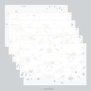 Six overlapping white sheets with faint gray line-art holiday illustrations, including bows, snowflakes, stars, and leaves, arranged in a fan on a light gray background.