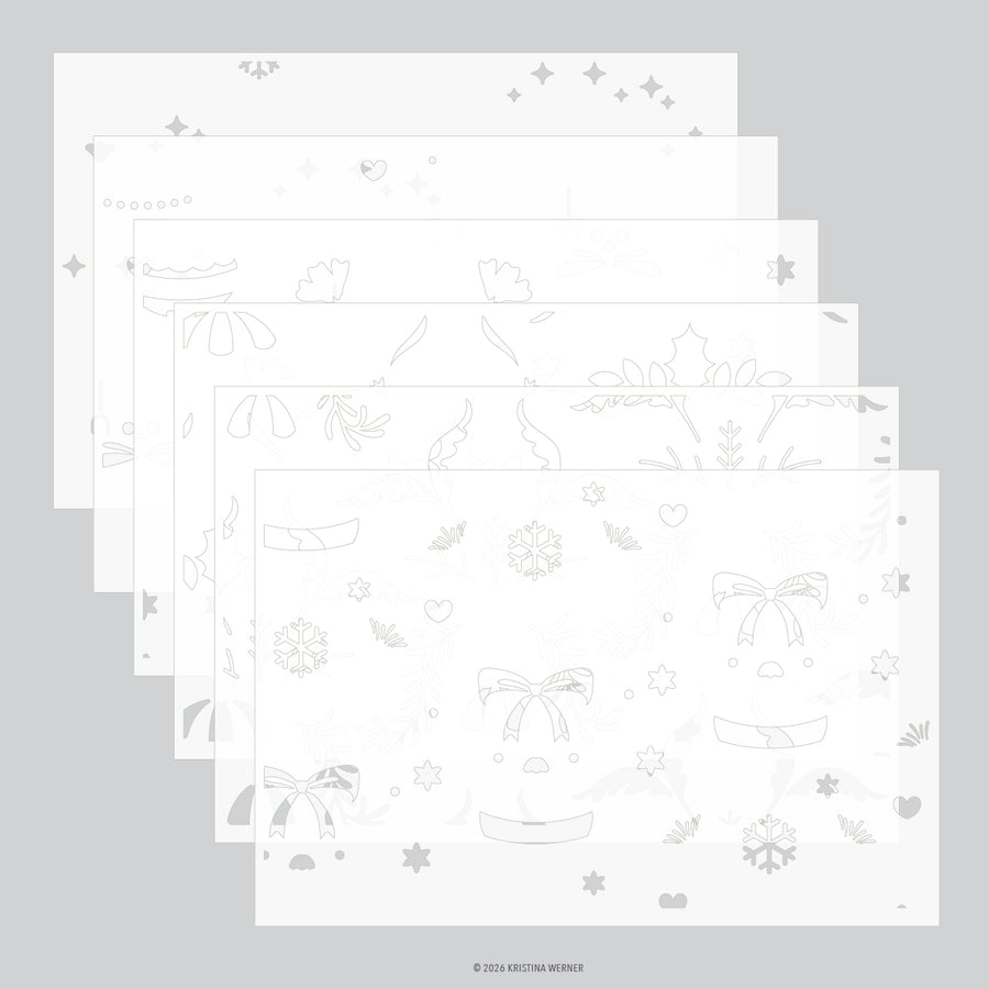 Six overlapping white sheets with faint gray line-art holiday illustrations, including bows, snowflakes, stars, and leaves, arranged in a fan on a light gray background.