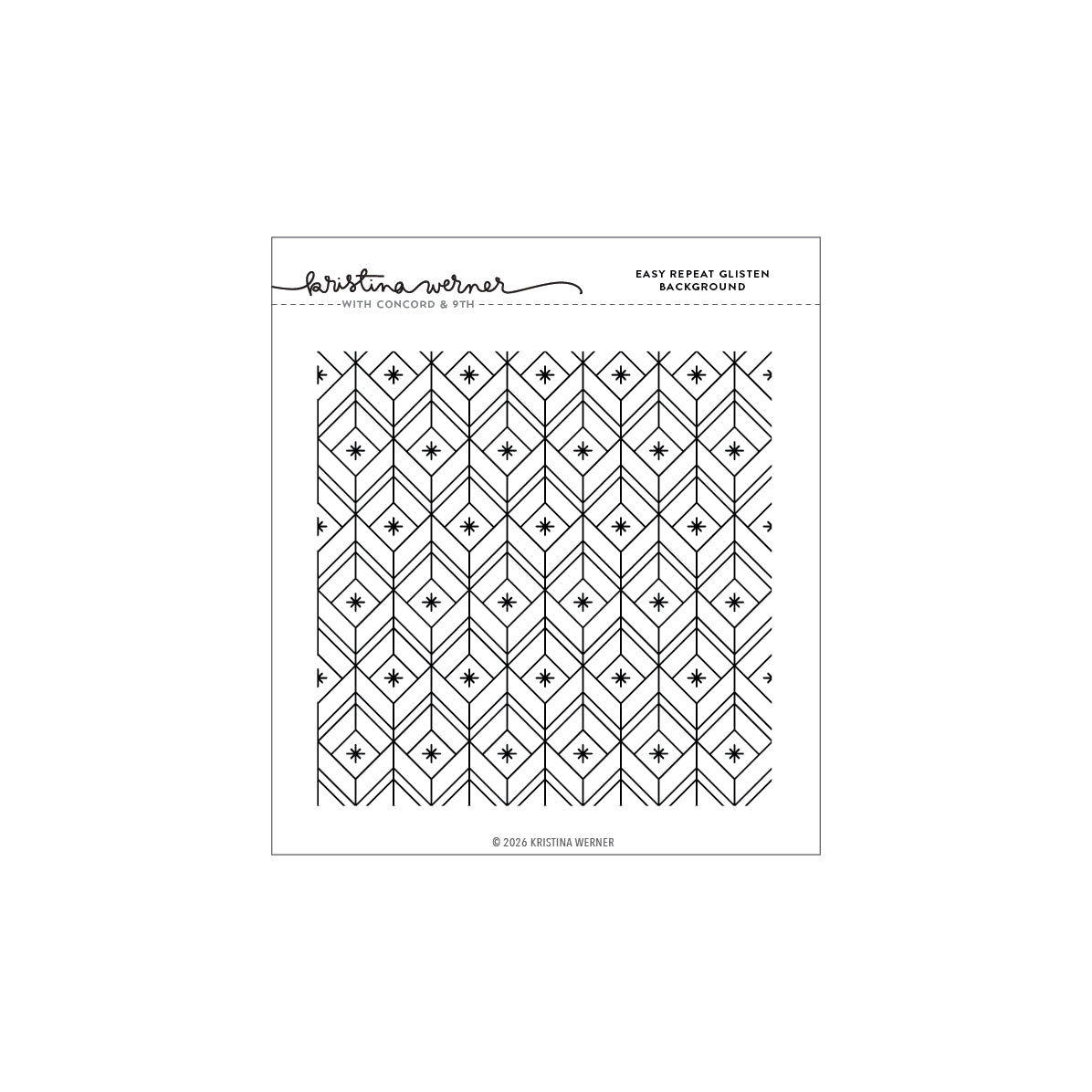 A square product card showing a black geometric pattern with the text 'Concord & 9th (Kristina Werner) Easy Repeat Glisten Background Stamp' on a white background.