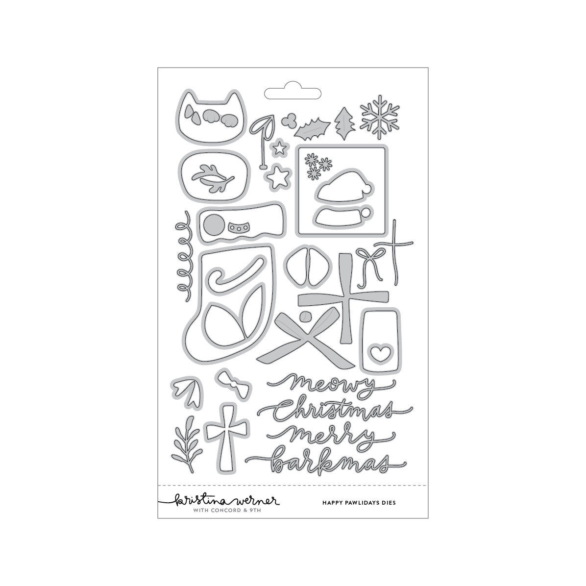 A package of crafting dies featuring Christmas-themed cutters and holiday phrases, including 'merry christmas merry bark christmas' and festive icons like snowflakes, stars, and Santa hats, on a white background. Concord & 9th (Kristina Werner) Happy Pawlidays Dies