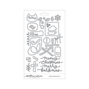 A package of crafting dies featuring Christmas-themed cutters and holiday phrases, including 'merry christmas merry bark christmas' and festive icons like snowflakes, stars, and Santa hats, on a white background. Concord & 9th (Kristina Werner) Happy Pawlidays Dies