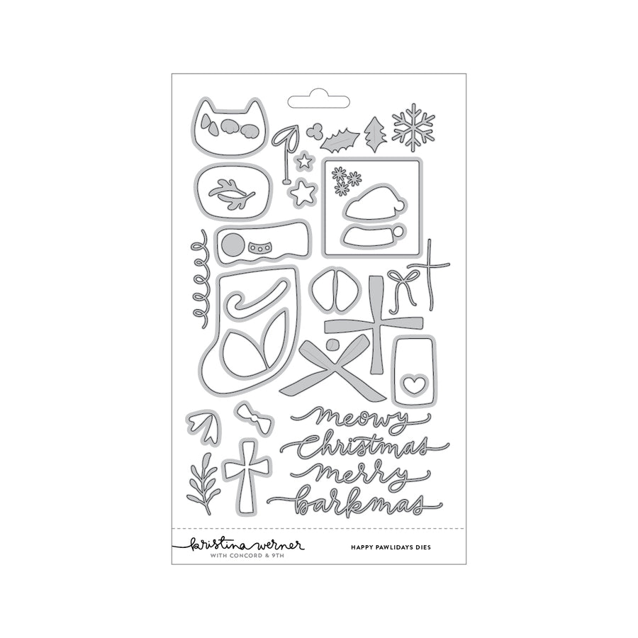 A package of crafting dies featuring Christmas-themed cutters and holiday phrases, including 'merry christmas merry bark christmas' and festive icons like snowflakes, stars, and Santa hats, on a white background. Concord & 9th (Kristina Werner) Happy Pawlidays Dies
