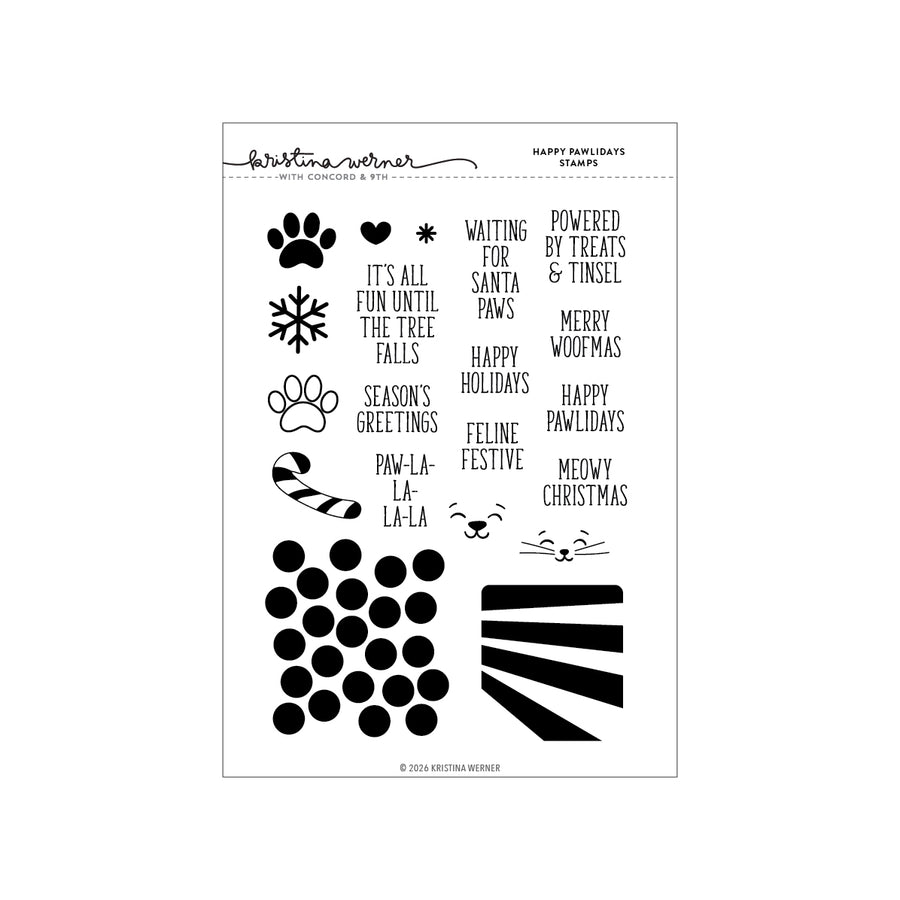 A sheet of clear stamp blanks with black printed holiday and paw-themed designs, including paw prints, snowflakes, candy canes, and festive phrases. The sheet is branded 'Concord & 9th (Kristina Werner) Happy Pawlidays Stamp Set'.
