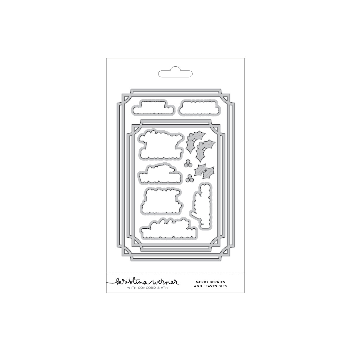 A packaged set of holiday die-cutting templates from Concord & 9th (Kristina Werner) Merry Berries and Leaves Dies, featuring various Christmas tree, holly, and cloud-shaped metal dies on a white backing card.