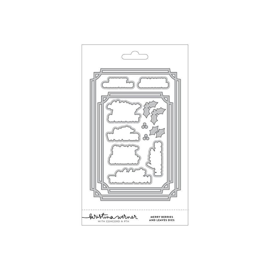 A packaged set of holiday die-cutting templates from Concord & 9th (Kristina Werner) Merry Berries and Leaves Dies, featuring various Christmas tree, holly, and cloud-shaped metal dies on a white backing card.