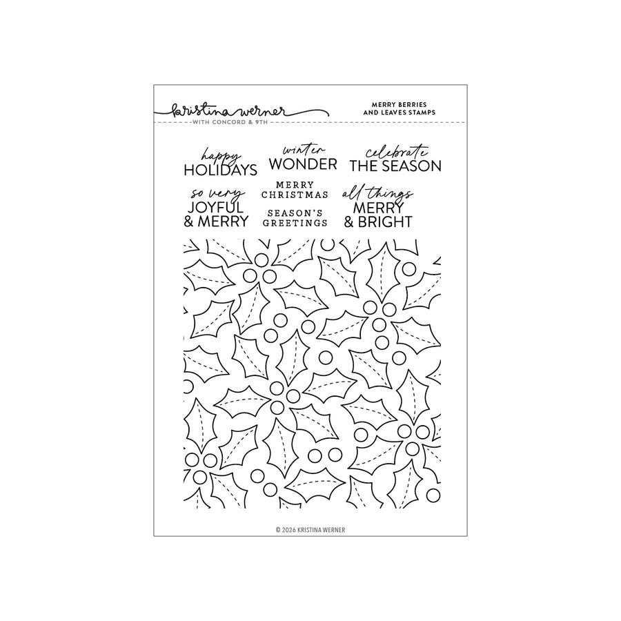 A clear stamp block sheet from Concord & 9th (Kristina Werner) Merry Berries and Leaves Stamps featuring black line-art Christmas holly and festive text stamps, including 'happy holidays', 'winter wonder', and 'merry Christmas & bright'.