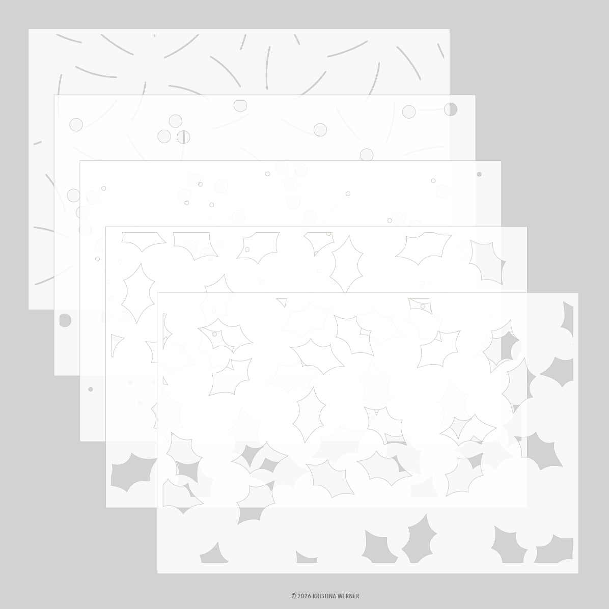 Five overlapping square stencil sheets with minimalist gray line patterns on a light gray background, including stars, circles, and abstract line motifs. Concord & 9th (Kristina Werner) Merry Berries and Leaves Stencil Pack