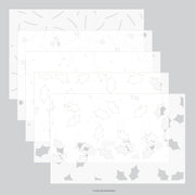 Five overlapping square stencil sheets with minimalist gray line patterns on a light gray background, including stars, circles, and abstract line motifs. Concord & 9th (Kristina Werner) Merry Berries and Leaves Stencil Pack