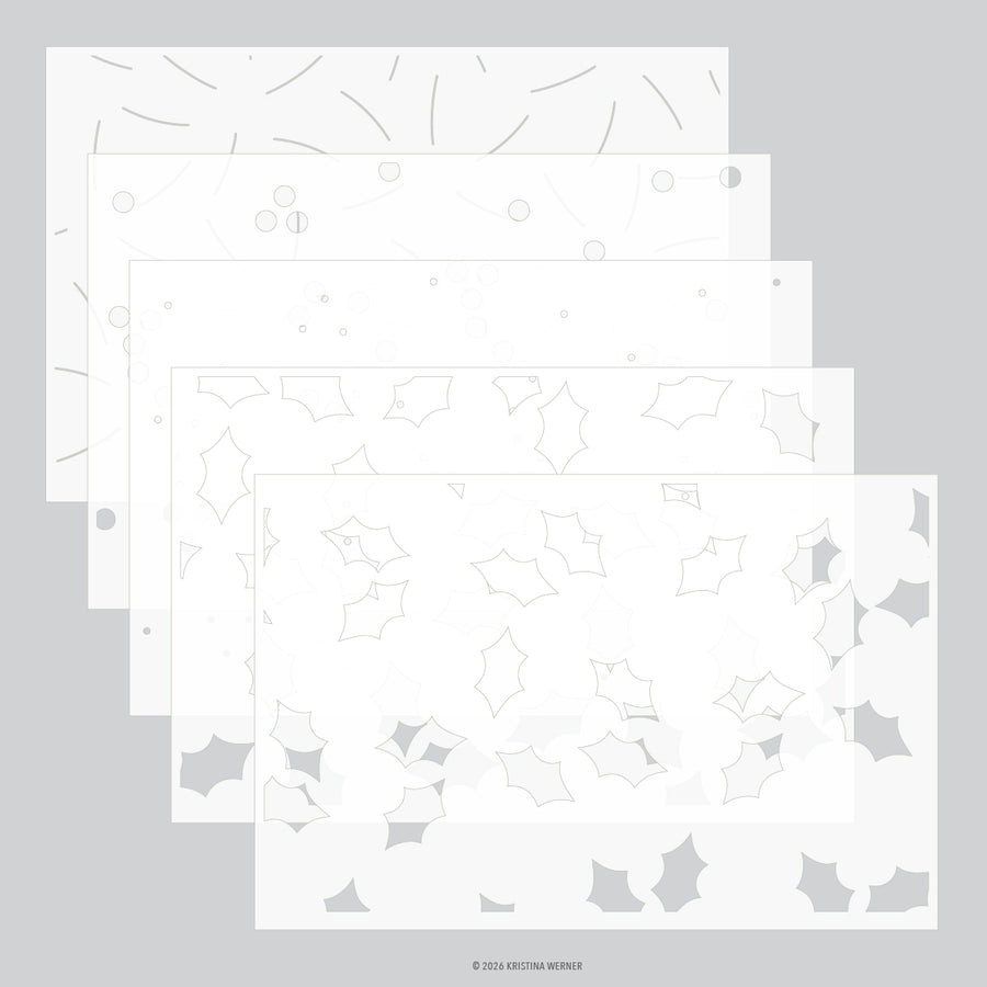 Five overlapping square stencil sheets with minimalist gray line patterns on a light gray background, including stars, circles, and abstract line motifs. Concord & 9th (Kristina Werner) Merry Berries and Leaves Stencil Pack