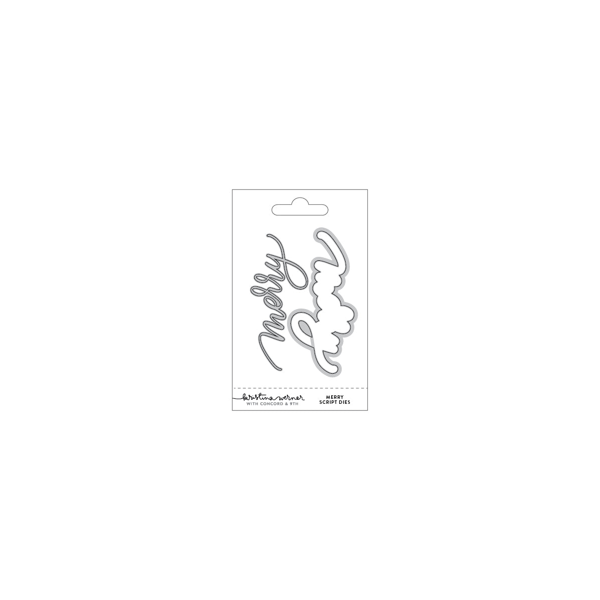 A packaged metal die-cut craft sheet featuring the words 'Merry Christmas' in cursive script, shown on a plain white background. Concord & 9th (Kristina Werner) Merry Script Dies
