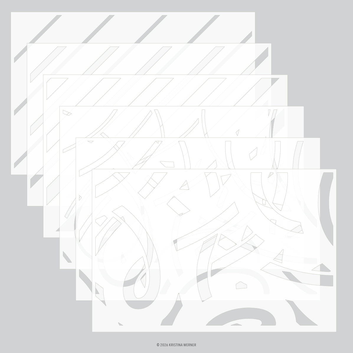 Five overlapping rectangular stencil templates with abstract gray line patterns on a light gray background. Concord & 9th (Kristina Werner) Peppermint Stripes Stencil Pack