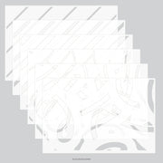 Five overlapping rectangular stencil templates with abstract gray line patterns on a light gray background. Concord & 9th (Kristina Werner) Peppermint Stripes Stencil Pack