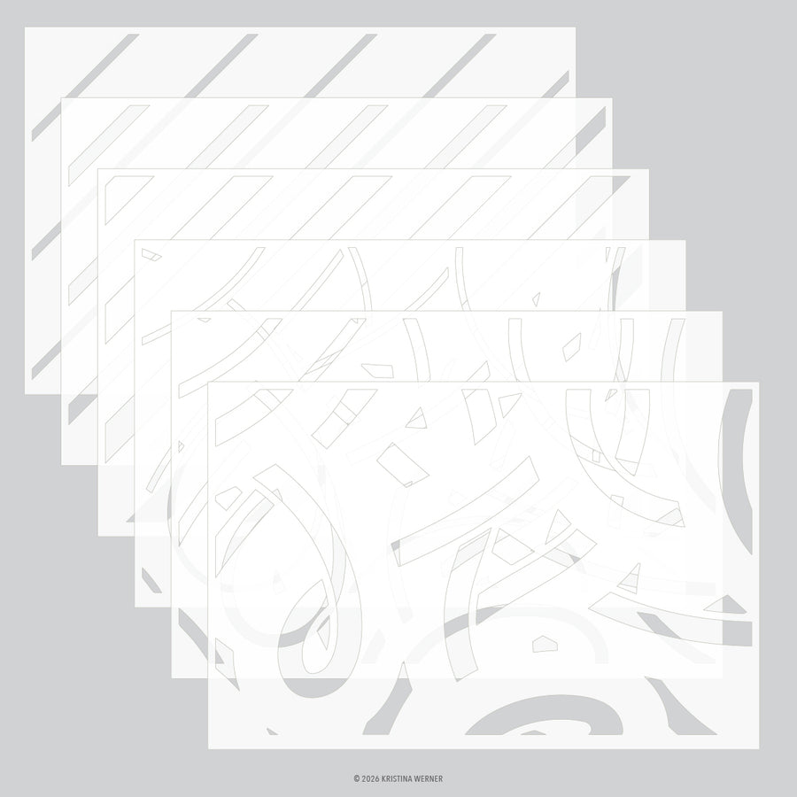 Five overlapping rectangular stencil templates with abstract gray line patterns on a light gray background. Concord & 9th (Kristina Werner) Peppermint Stripes Stencil Pack