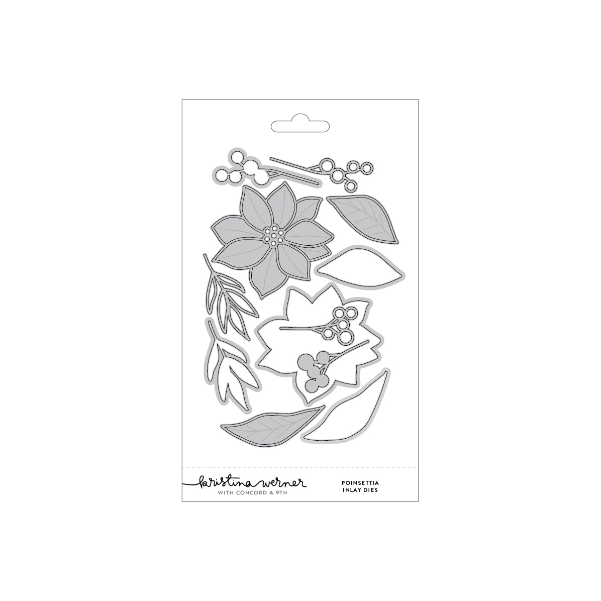 A packaged set of floral and leaf-shaped metal embossing dies on a white card, with the brand name Concord & 9th (Kristina Werner) Poinsettia Inlay Dies