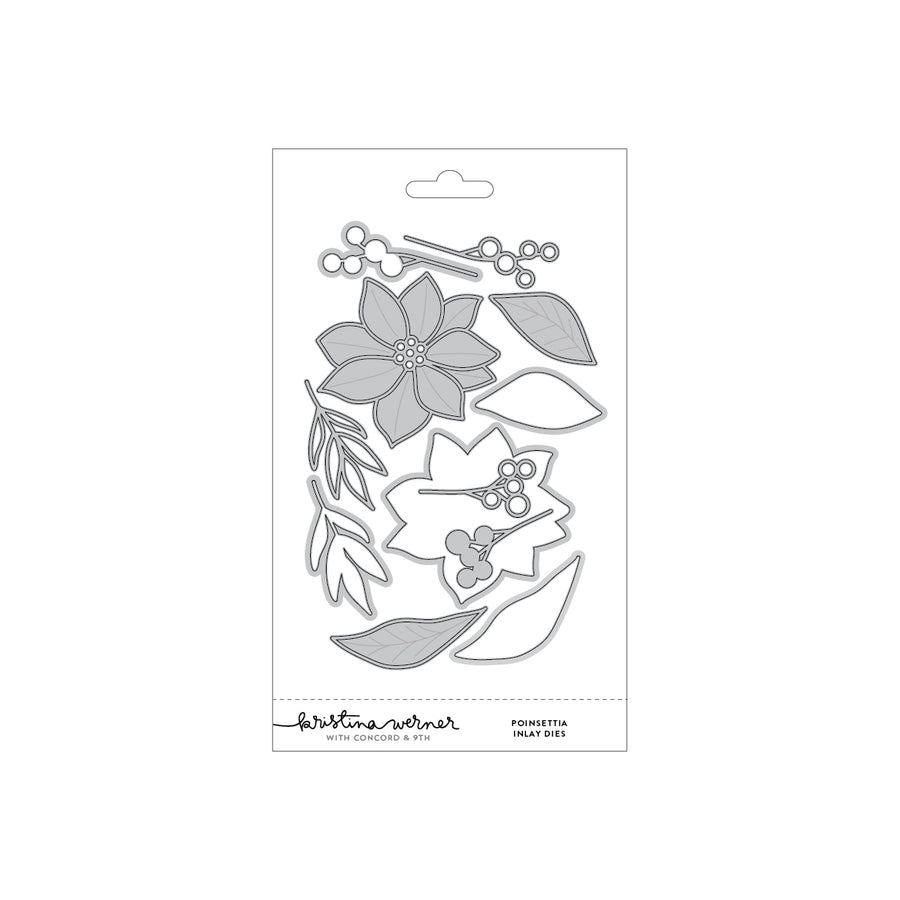 A packaged set of floral and leaf-shaped metal embossing dies on a white card, with the brand name Concord & 9th (Kristina Werner) Poinsettia Inlay Dies