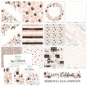 A collage showing multiple coordinated paper design sets in blush pink, black, white, and gray, with party-themed graphics such as balloons, wreaths, stripes, polka dots, marble textures, and printable invitation layouts. Text at the bottom reads 'Let's Celebrate' and 'Designs in 12 x 12 & 8 x 8 paper sets.