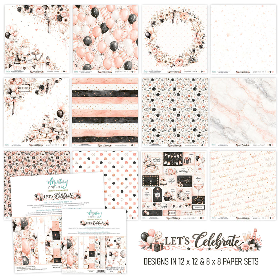 A collage showing multiple coordinated paper design sets in blush pink, black, white, and gray, with party-themed graphics such as balloons, wreaths, stripes, polka dots, marble textures, and printable invitation layouts. Text at the bottom reads 'Let's Celebrate' and 'Designs in 12 x 12 & 8 x 8 paper sets.
