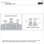 A product preview sheet for a holiday card, showing two black-and-white cartoon dog and cat illustrations with Christmas-themed text. The sheet includes the title 'cozy dogs', product code (LF4250), a 'Cozy Creations' logo, and instructions at the bottom for creating winter-themed cards.