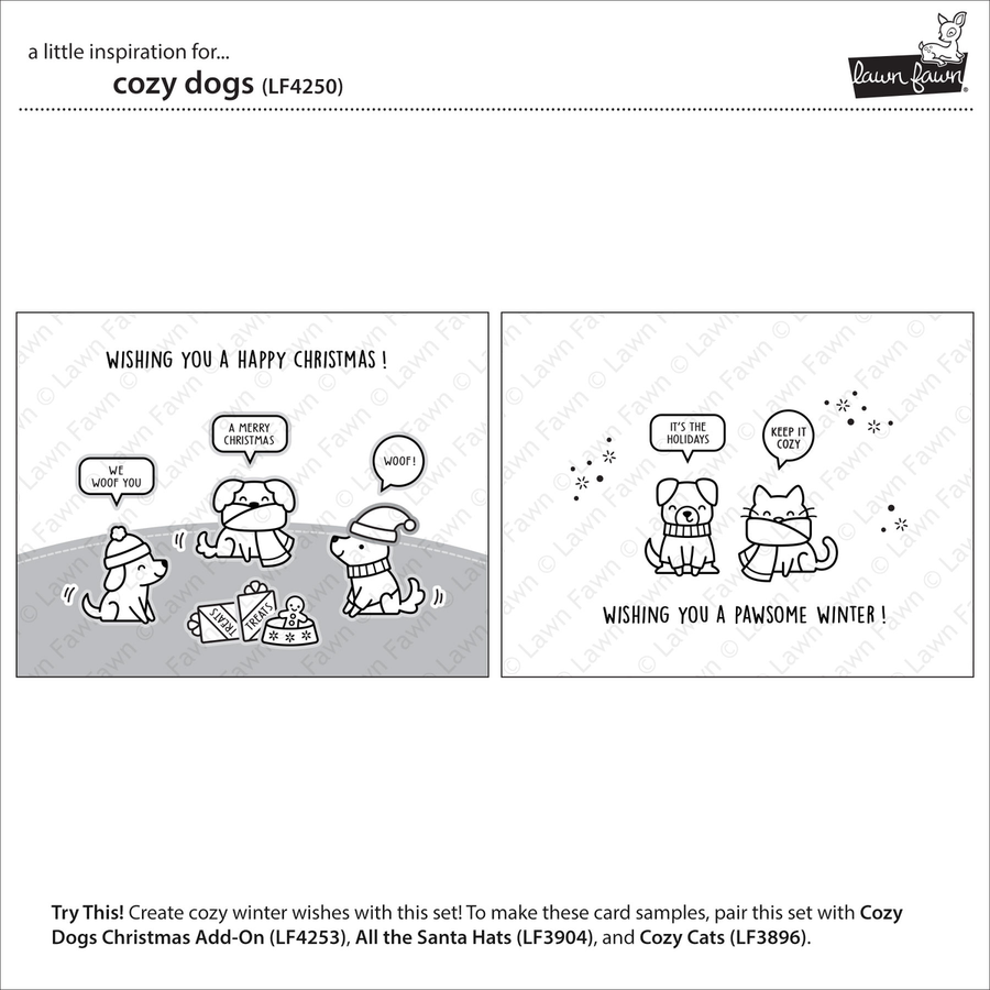 A product preview sheet for a holiday card, showing two black-and-white cartoon dog and cat illustrations with Christmas-themed text. The sheet includes the title 'cozy dogs', product code (LF4250), a 'Cozy Creations' logo, and instructions at the bottom for creating winter-themed cards.