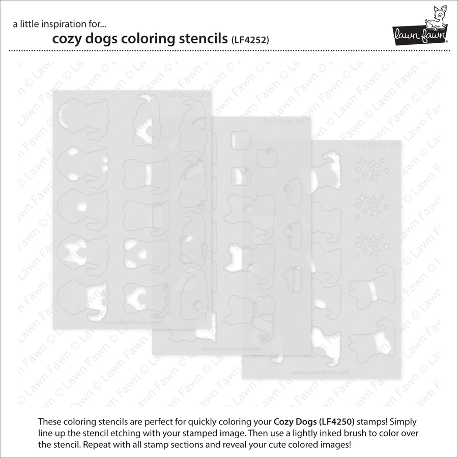 Set of 'Lawn Fawn Cozy Dogs Coloring Stencils' on a white background with brand name 'Lawn Fawn'.
