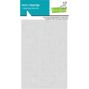 Lawn Clippings Coloring Stencils by Lawn Fawn, featuring a sheet of light gray plastic stencils with various lawn and garden shapes, under a white header card with teal and green branding. Lawn Fawn Cozy Dogs Coloring Stencils