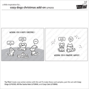 A product preview sheet for a 'cozy dogs christmas add-on' by the brand Lawn Fawn. The sheet features two black-and-white cartoon card designs with cute illustrated dogs and cats wearing Santa hats, with speech bubbles reading 'WISHING YOU A HAPPY CHRISTMAS!' and 'WISHING YOU A PAWSOME WINTER!'.
