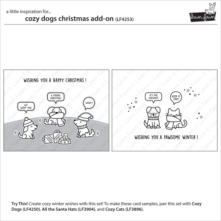 A product preview sheet for a 'cozy dogs christmas add-on' by the brand Lawn Fawn. The sheet features two black-and-white cartoon card designs with cute illustrated dogs and cats wearing Santa hats, with speech bubbles reading 'WISHING YOU A HAPPY CHRISTMAS!' and 'WISHING YOU A PAWSOME WINTER!'.