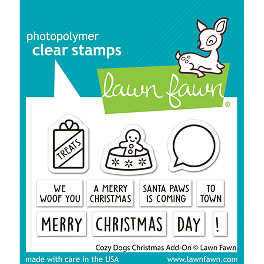 Lawn Fawn photopolymer clear stamps set featuring Christmas-themed stamps, including a gift bag with 'TREATS', a gingerbread cookie, a speech bubble, and holiday phrases like 'A MERRY CHRISTMAS' and 'MERRY CHRISTMAS DAY!'. Lawn Fawn Cozy Dogs Christmas Add-On Stamps