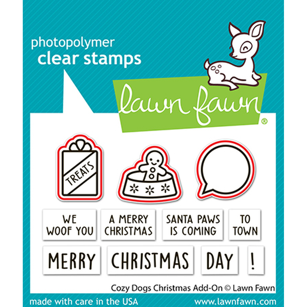 Lawn Fawn photopolymer clear stamps set featuring Christmas-themed stamp designs including a gift bag with 'TREATS', a Santa dog, a speech bubble, and holiday phrases like 'A MERRY CHRISTMAS' and 'SANTA PAWS IS COMING' on a teal and white card.